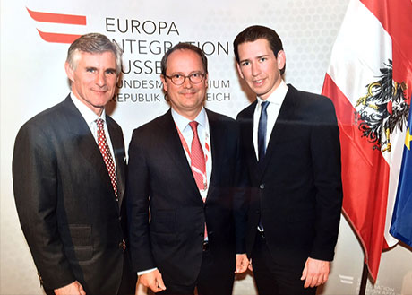 Honorarkonsulartagung in Wien, Generalsekretär Dr. Michael Linhart, Dr. Stephan Hutter, Außenminister Sebastian Kurz